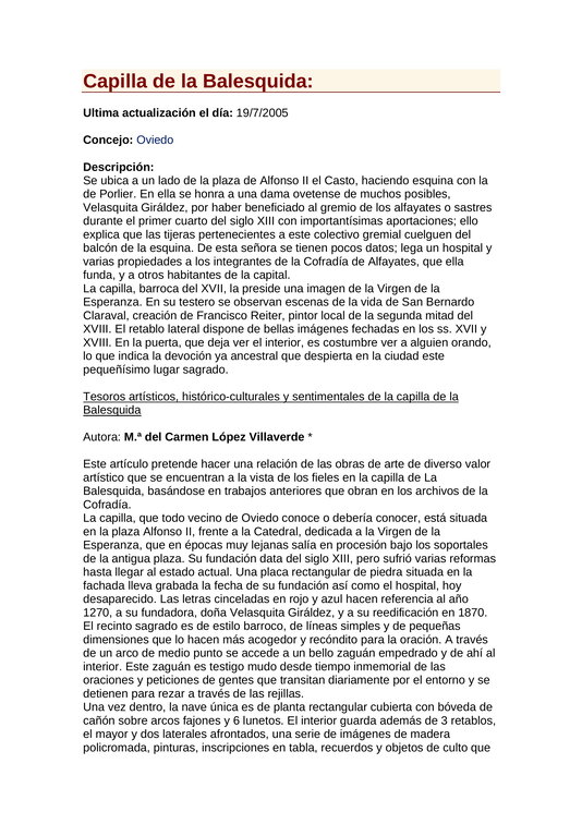 Información sobre la Capilla de la Balesquida en Oviedo en donde se venera una imágen del Santo Niño de La Guardia