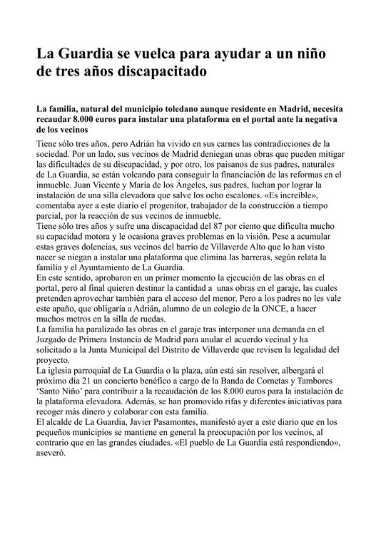 Artículo de la Tribuna de Toledo del 11 de septiembre de 2013 que habla del niño guardiolo Adrián