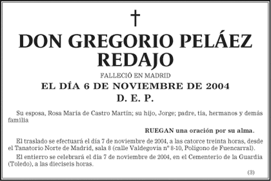 Esquela aparecida en un periódico del fallecimiento de Gregorio Peláez, guardiolo que fué diputado del Congreso