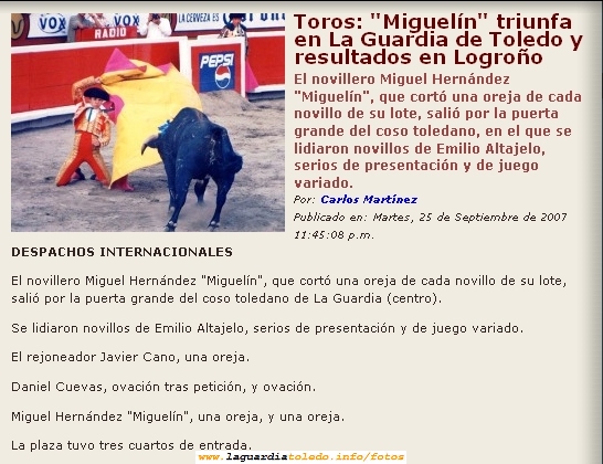 24 de Septiembre de 2007. Crónica taurina del festejo de La Guardia